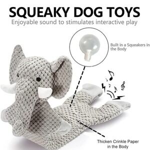 Gray Plush Elephant Squeaky Dog Toy Crinkle Paper Unstuffed Flat Pet Toy 12in
